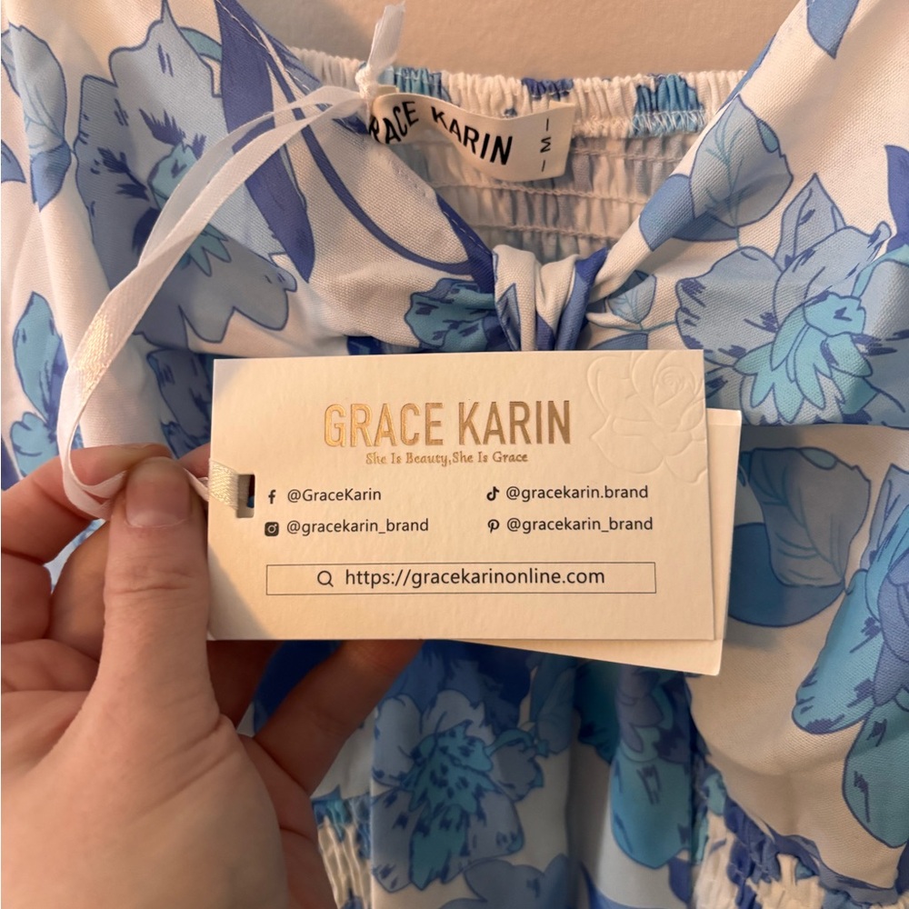 NWT Grace Karin Blue and White Floral Tie-Front Maxi Dress - Size M - Picture 3 of 4